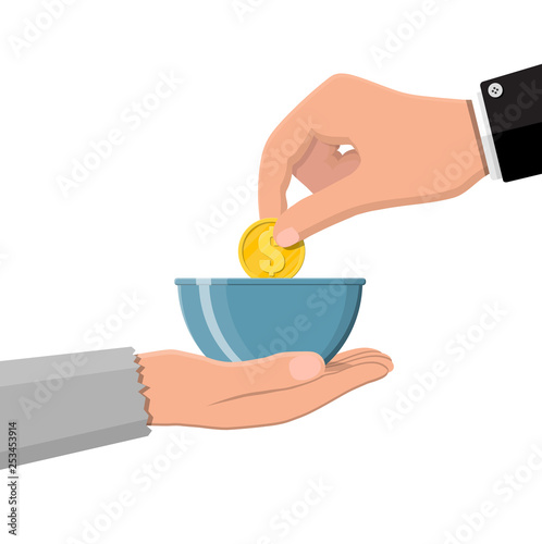 Hand giving gold coin to beggar hand. Charity, donation, help and aid concept. Vector illustration in flat style