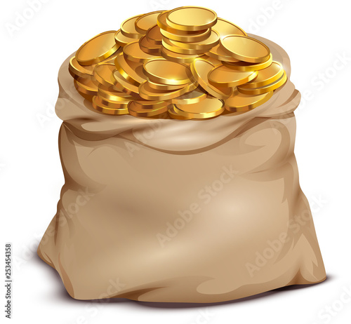 Gold coins on open full bag isolated on white