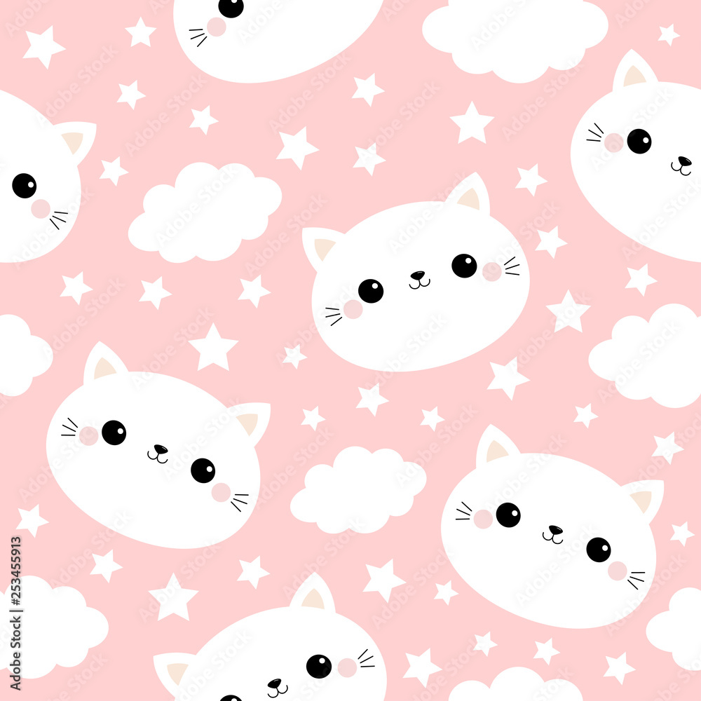 White cat face. Seamless Pattern. Cloud star in the sky. Cute cartoon kawaii funny smiling baby character. Wrapping paper, textile template. Nursery decoration. Pink background. Flat design