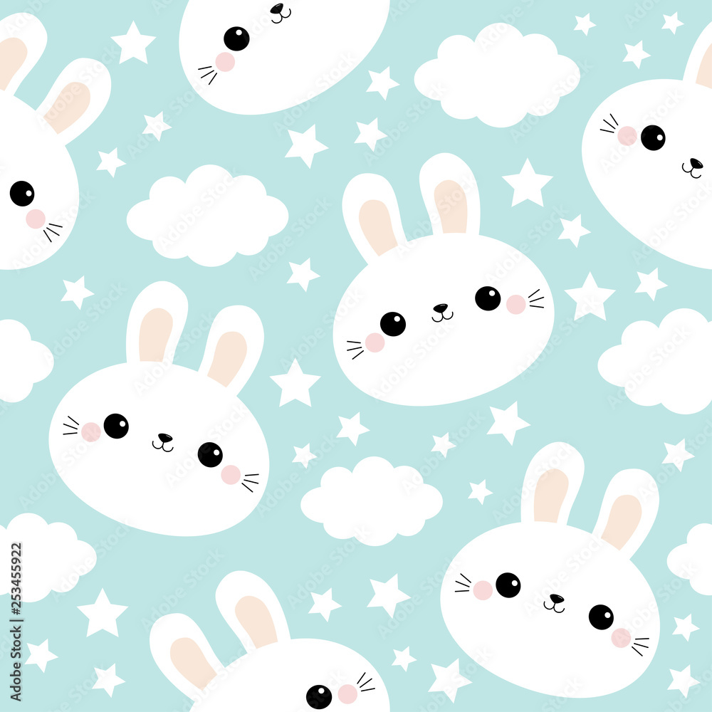 Seamless Pattern. White rabbit bunny face. Cloud in the sky. Cute cartoon  kawaii funny smiling baby character. Wrapping paper, textile template.  Nursery decoration. Blue background. Flat design Stock Vector | Adobe Stock