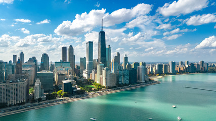 Chicago skyline aerial drone view from above, city of Chicago downtown skyscrapers and lake Michigan cityscape, Illinois, USA