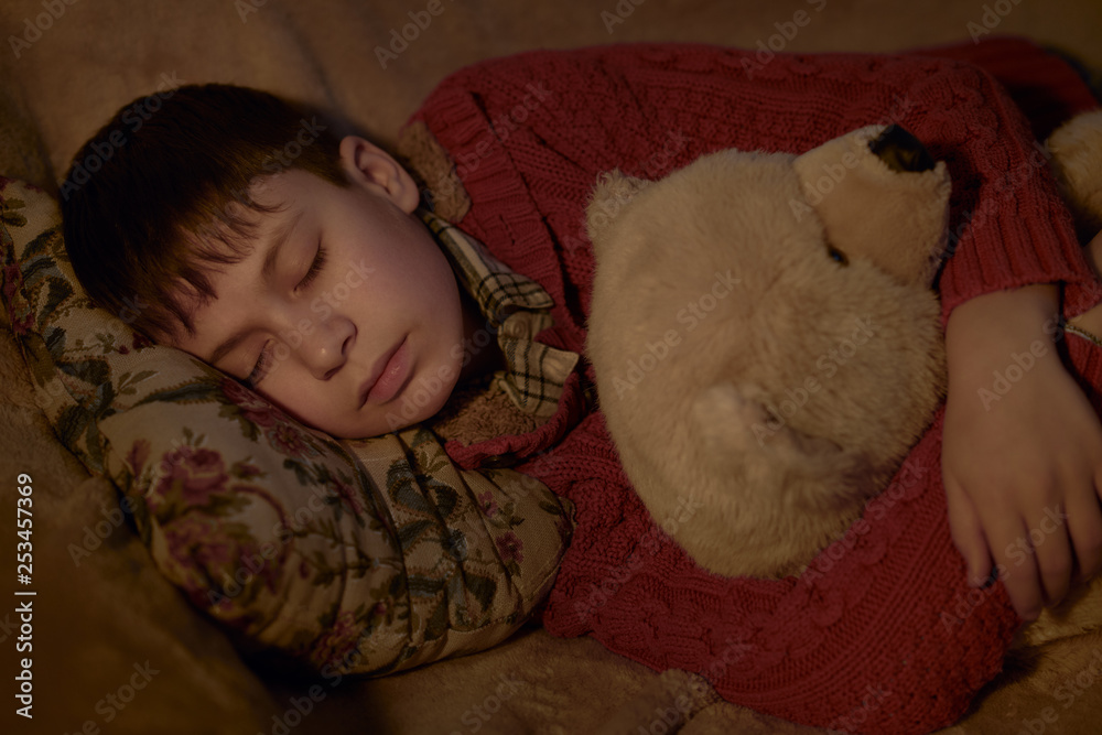 Obraz premium boy sleep in bed with bear toy