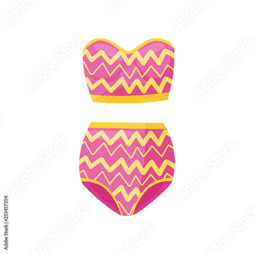 Pink two-piece swimsuit with zigzag pattern. Fashionable women clothing for beach season. Bathing suit. Flat vector