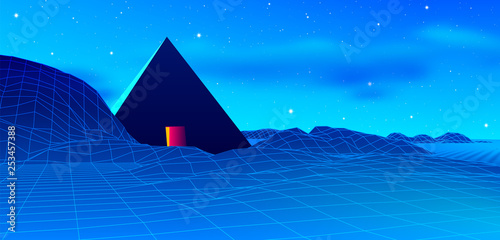 Ancient mysterious pyramid in 80s styled neon landscape with blue sky and mountains in retrowave, synthwave style graphics