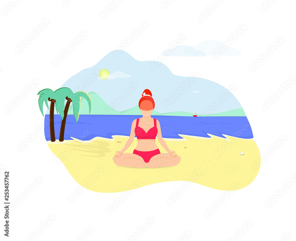 Young Woman Doing Yoga Asana on Seaside Beach