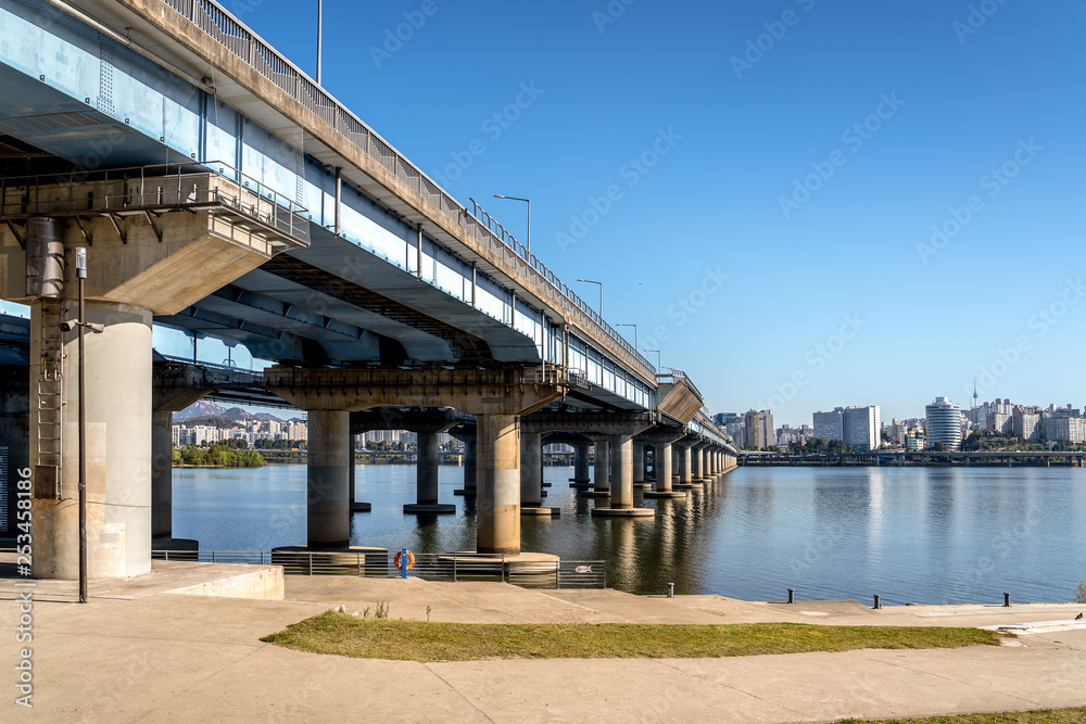 Han river with Mapogyo Bridge at Yeouido Hangang Park in Seoul, Korea.. Han river with Mapogyo Bridge at Yeouido Hangang Park in Seoul, Korea..