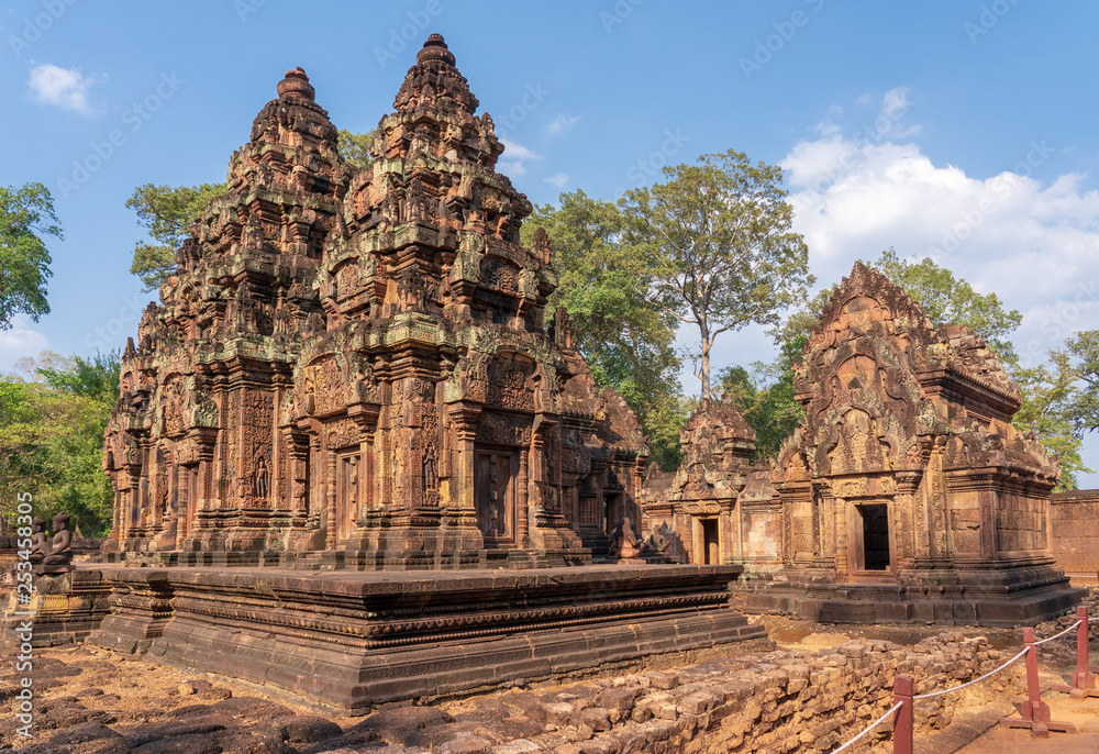 Sanctuaries and south library of Banteay Srei Temple, Cambodia