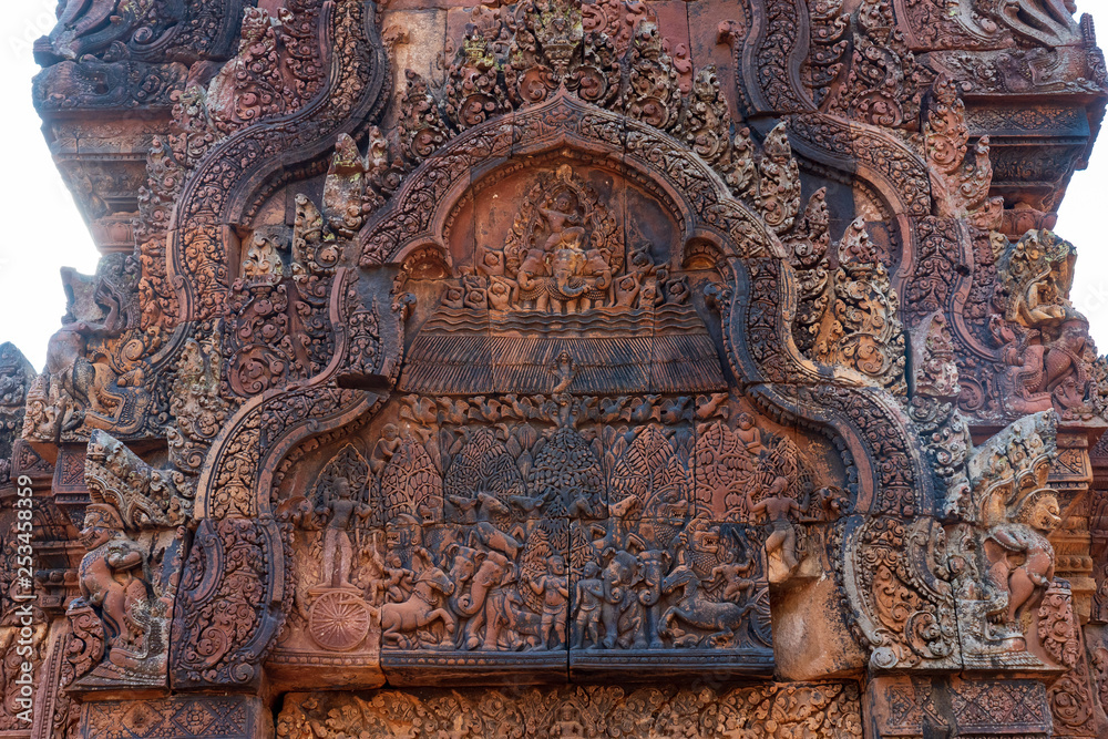 Relief depicting god Indra riding three headed elephapnt on Manda hall pediment of Banteay Srei Temple, Cambodia