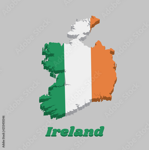 3D Map outline and flag of Ireland  a vertical tricolor of green white and orange.