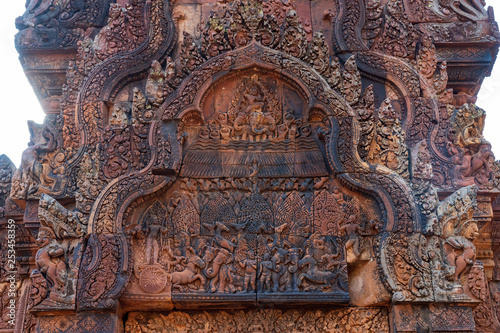 Relief depicting god Indra riding three headed elephapnt on Manda hall pediment of Banteay Srei Temple  Cambodia