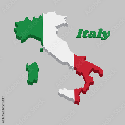 3D Map outline country shaped like a boot and flag of Italy, It is A vertical tricolor of green white and red.