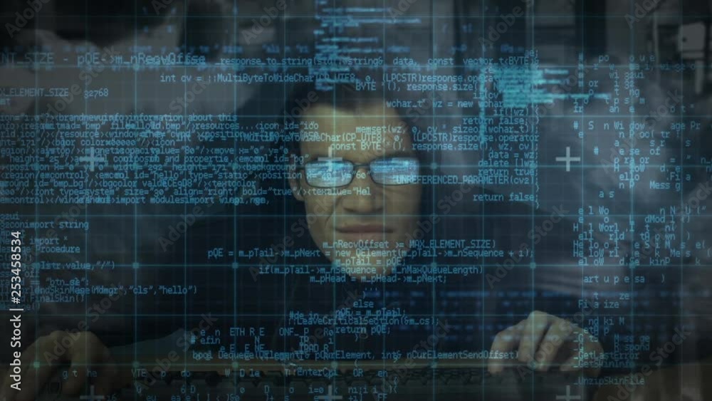 Digital composite of hacker and digital interface 