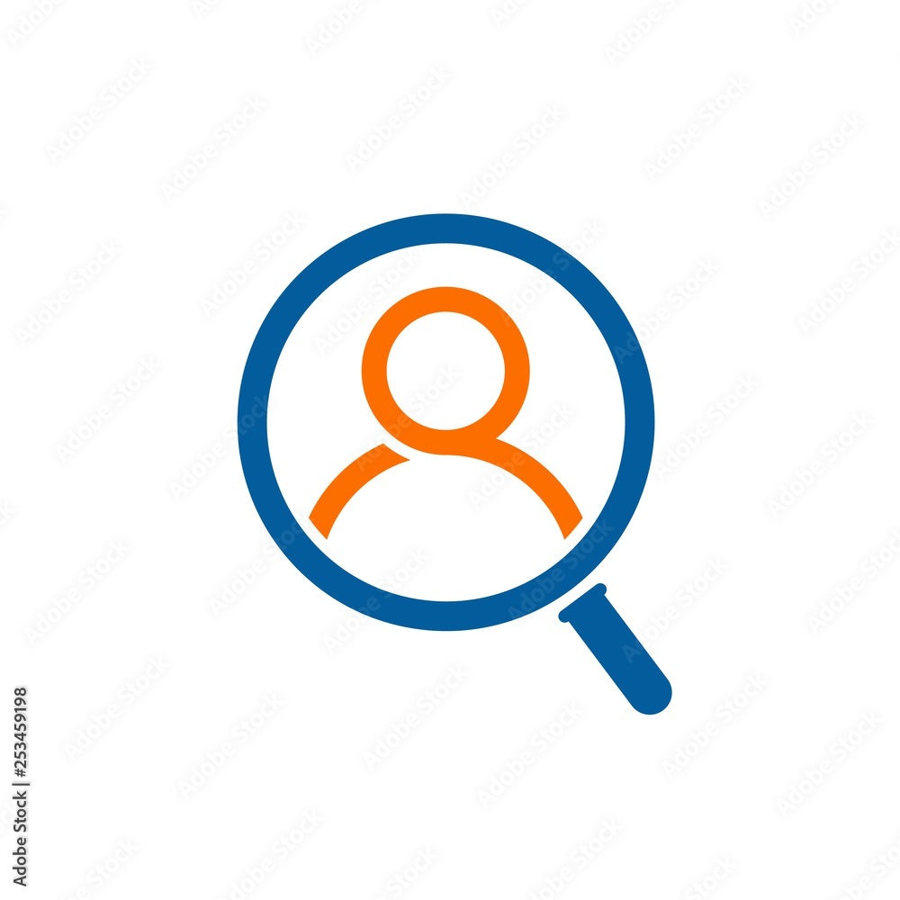 Hiring icon. Human in magnifier vector logo concept. Search people service Hiring icon. Human in magnifier vector logo concept. Search people service