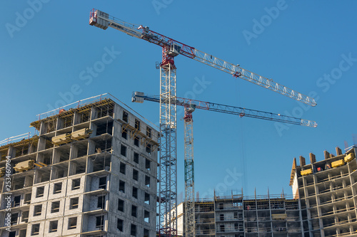 Construction site, high-rise multi-storey buildings under construction