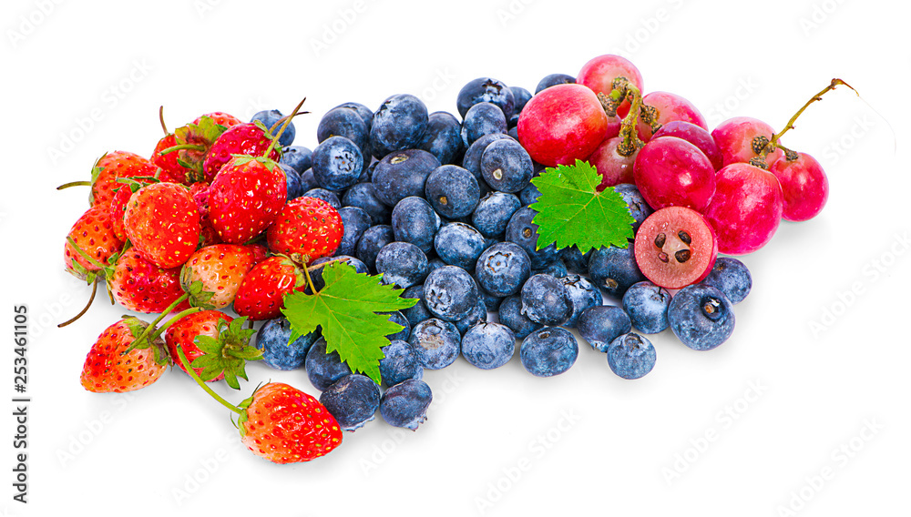 Mix berries isolated on a white. Ripe blueberries, red currants, raspberries and strawberries. Various fresh summer berries on white background. Mix berries isolated on a white. Ripe blueberries, red currants, raspberries and strawberries. Various fresh summer berries on white background.