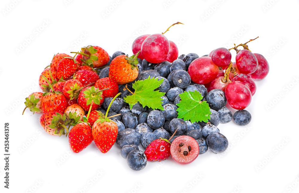 Mix berries isolated on a white. Ripe blueberries, red currants, raspberries and strawberries. Various fresh summer berries on white background. Mix berries isolated on a white. Ripe blueberries, red currants, raspberries and strawberries. Various fresh summer berries on white background.