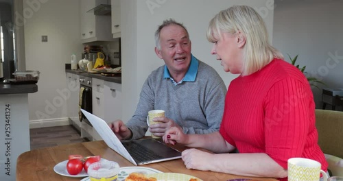 Couple Using Laptop Over Lunch