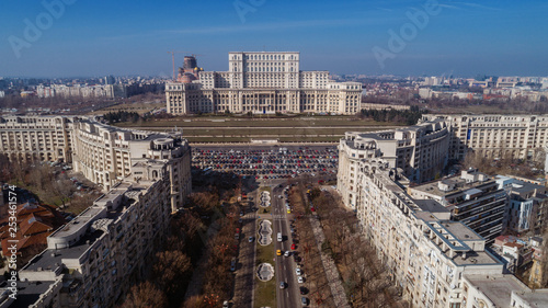 Aerial view of Casa Poporului on a cold morning in Bucharest