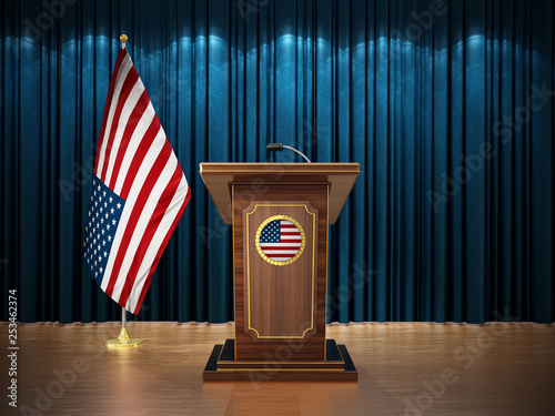 Press conference with flags of United States of America USA and lectern against the blue curtain. 3D illustration