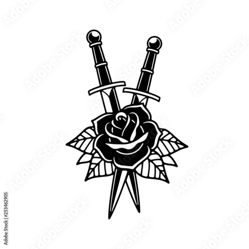 CROSSED DAGGERS AND ROSE FLOWER WHITE BACKGROUND