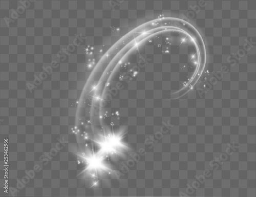 Abstract vector magic glow star light effect with neon blur curved lines. Sparkling dust star trail with bokeh.