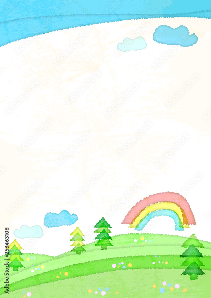 水彩風の野原と虹と青空と雲のフレーム 縦位置 Stock Vector Adobe Stock