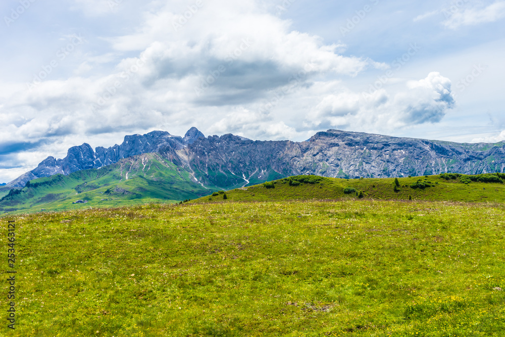 Alpe di Siusi, Seiser Alm with Sassolungo Langkofel Dolomite, a large green field with a mountain in the background