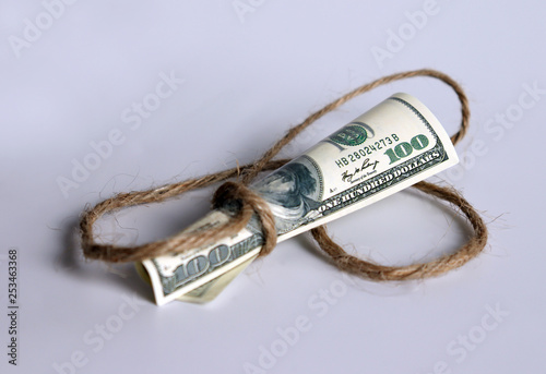 A hundred-dollar bill tied to a rope. photo