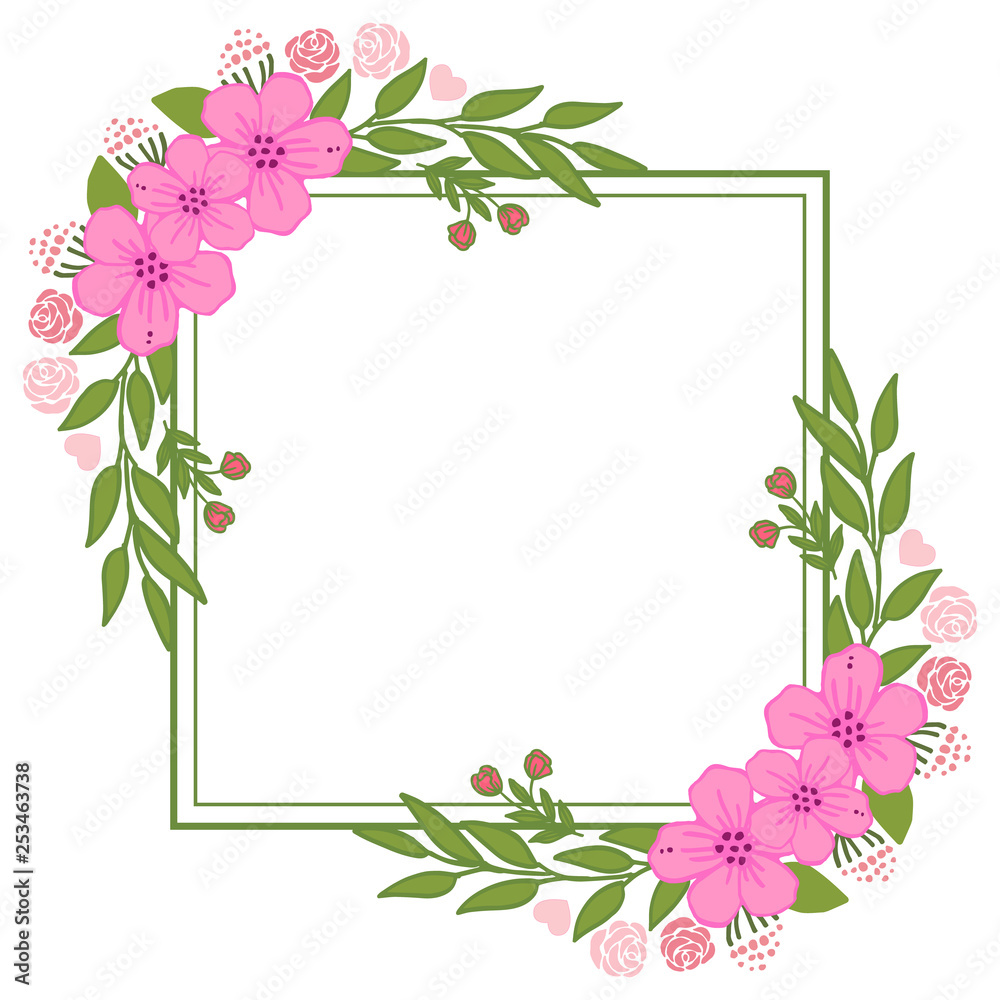 Vector illustration greeting card template or invitation card with pink flower frames bloom hand drawn