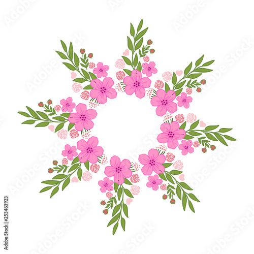 Vector illustration texture pink wreath frame with white backdrop hand drawn