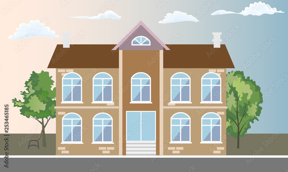 Cool detailed two floors house and trees with front view. Flat and solid color style vector illustration.