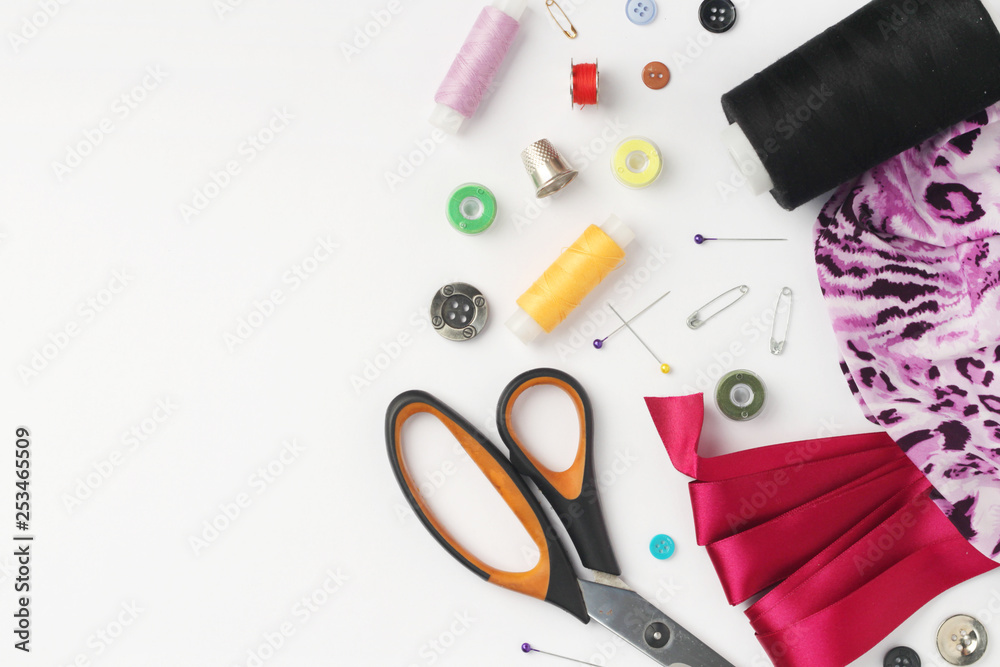 Tailoring and sewing concept background with copy space Tailoring and sewing concept background with copy space