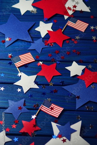 Flag, stars and serpentine on July 4,happy independence day, patriotism, memory of veterans , the concept of independence day.