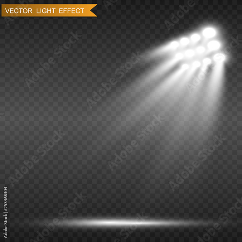 Stadium floodlights brightly illuminate evening or night sports games, concerts, shows, events. Isolated on a transparent background. Arenas of bright spotlights. Bright lights. Illuminated scene.