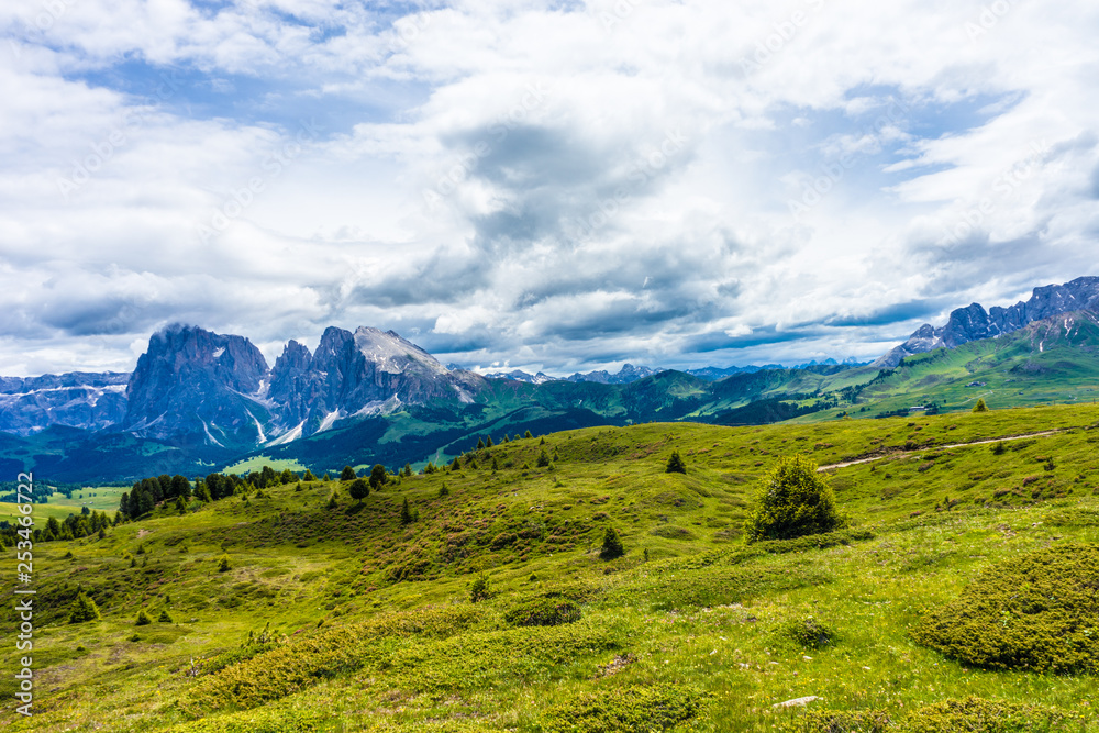 Obraz premium Alpe di Siusi, Seiser Alm with Sassolungo Langkofel Dolomite, a large green field with a mountain in the background