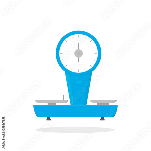 Flat vector icon of mechanical store scales. Device for measurement of grocery products. Business object. Shop weigher