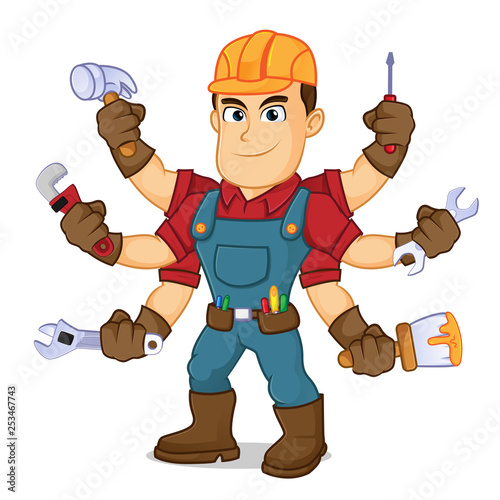 Handyman holding mutiple tools photo