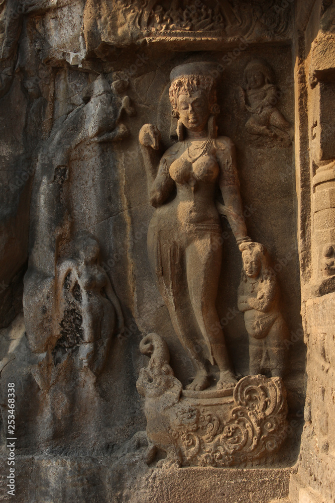 Cave 21, Rameshwar temple, Goddess Ganga with left hand resting on a dwarf attendant's head, Ellora Caves, Aurangabad, Maharashtra.