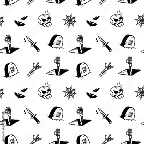 HALLOWEEN ICONS SEAMLESS PATTERN WHITE BACKGROUND