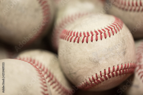 Close up of old baseballs