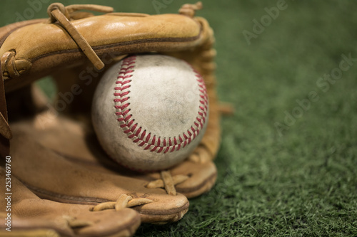 Photography Closeup of Baseball Glove and Baseball on turf