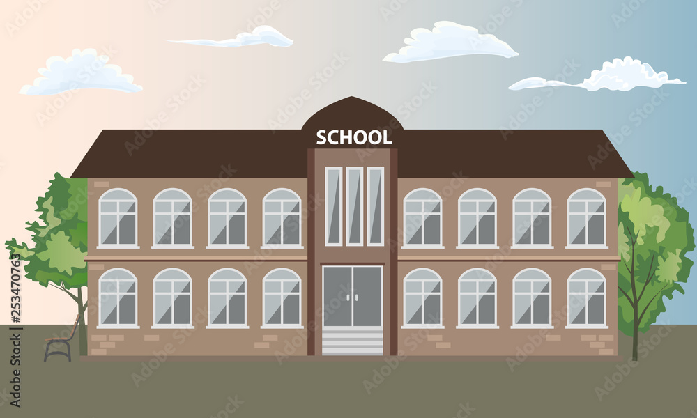 School building front view exterior with trees. Flat and solid color style vector illustration.