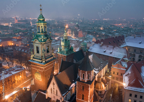 Aerial view of the historical center of Krakow, church, Wawel Royal Castle at night