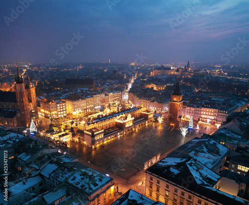 Aerial view of the Market Square in Krakow, Poland at night