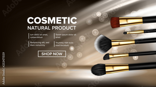 Makeup Brush Banner Vector. Artist Icon. Foundation Care. Art Glamour. Female Accessory. Realistic Isolated Illustration