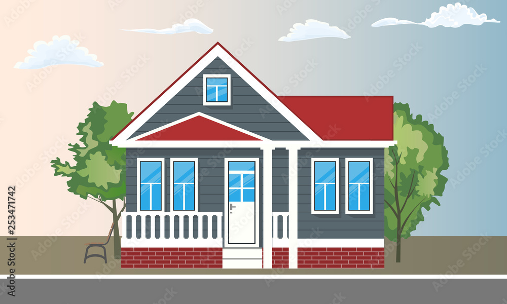 Cool detailed house and trees with front view. Flat and solid color style vector illustration.