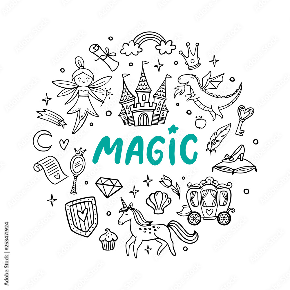 Cute cartoon magic objects. Fairy tale castle, dragon, unicorn, fairy and other elements. Doodle Vector Illustration. Good for a sticker, indie game, greeting card, badges or coloring page. Stock Vector | Adobe Cute cartoon magic objects. Fairy tale castle, dragon, unicorn, fairy and other elements. Doodle Vector Illustration. Good for a sticker, indie game, greeting card, badges or coloring page. Stock Vector | Adobe