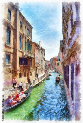Picturesque view of narrow Venetian canal, watercolor painting