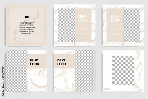 Editable continuous set square abstract marble texture banner template for social media post and cover. Minimalist design background in soft brown satin color. Vector illustration