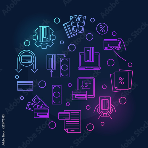 Payment Card and Money vector concept round colorful outline illustration on dark background